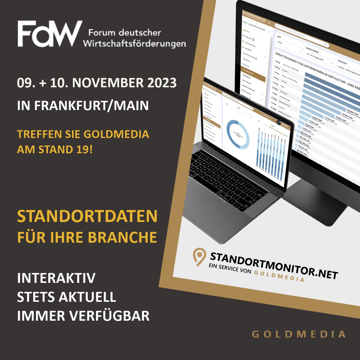 Goldmedia ist mit #Standortmonitor.net am 9. + 10. November 2023 in #Frankfurt a. M. dabei, wenn sich die Wirtschaftsförderer zu ihrer Leitveranstaltung treffen, zum Forum deutscher #Wirtschaftsförderungen, veranstaltet u. a. vom #DVWE. 👉Treffen Sie uns am Stand 19.