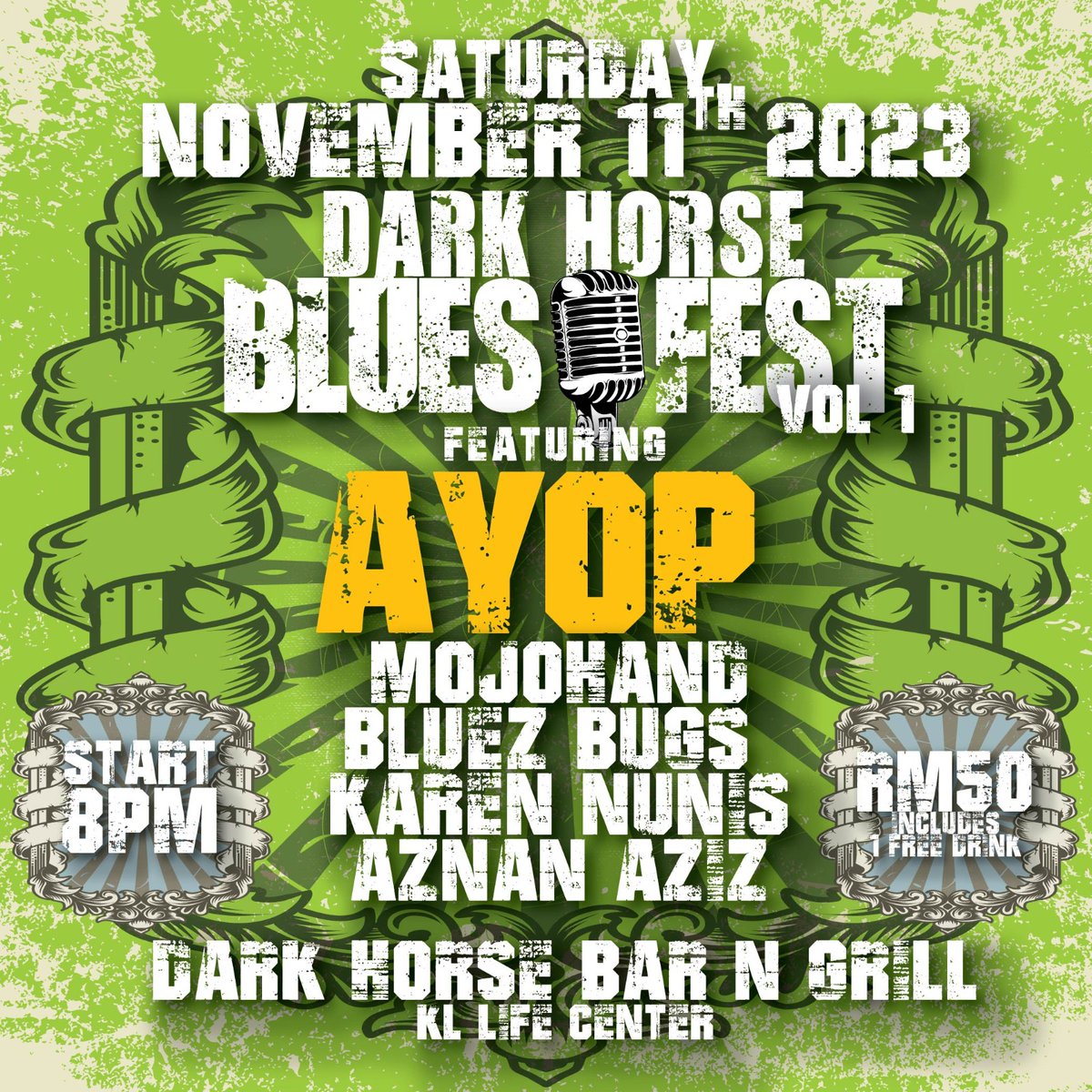 azmyl's tweet image. #KL SAT 11 NOV @ The Dark Horse 8pm

The Dark Horse Blues Festival Vol. 1 feat Mojo Hand, @bluezbugsband, @KarenNunis, Aznan Aziz &amp;amp; #AYOP ! 

RM50 only! 

@postagig @twt_gig @twt_muzik @Jenn_Thompson @MalayaRoll
@musicaddicts_my @junklistMY @inirondivu @OhMYMuzik @kelipanstore