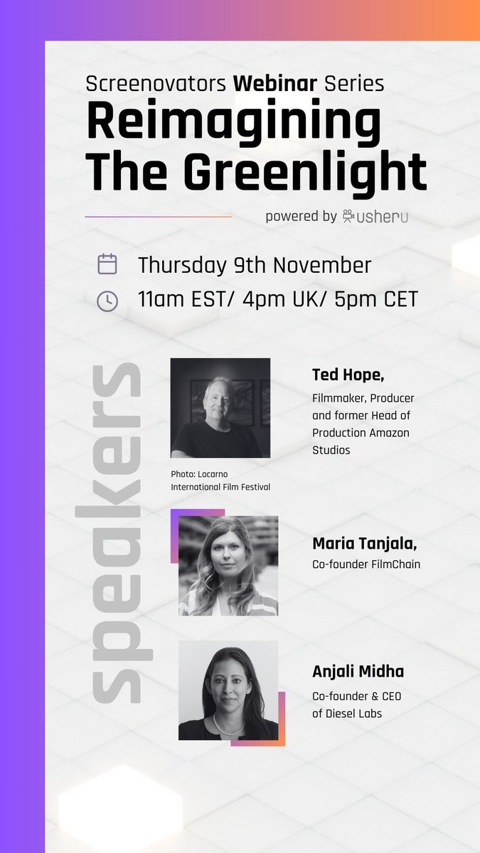 Tune in tomorrow for the new Screenovators webinar! Our co-founder Maria Tanjala is joining former Head of Amazon Studios Ted Hope and Diesel Labs CEO Anjali Midha to discuss what it means to reimagine the film greenlight process!

usheru.com/screenovators-…