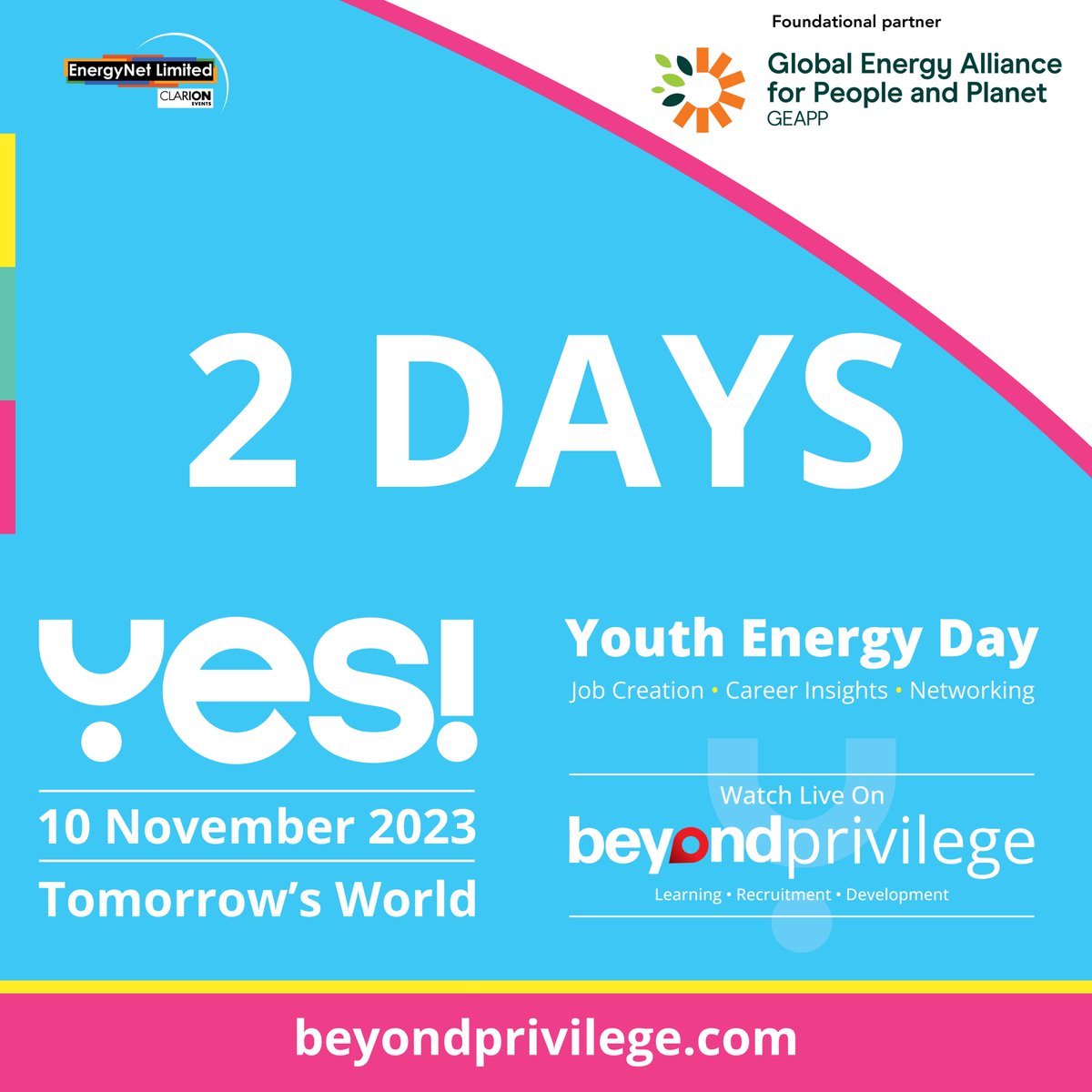 EnergyNet_Ltd's tweet photo. 💎 ONLY 2 DAYS TO GO!
Make the most of #YES! Youth Energy Day, a world-first recruitment day on📅 10 November! 👀 Join our live-streamed sessions on #BeyondPrivilege.
Discover what could be the PERFECT JOB for you! Sign up to join our live stream ♦️https://t.co/K8pvnHyrkS #energy https://t.co/Ri43dRUCOj