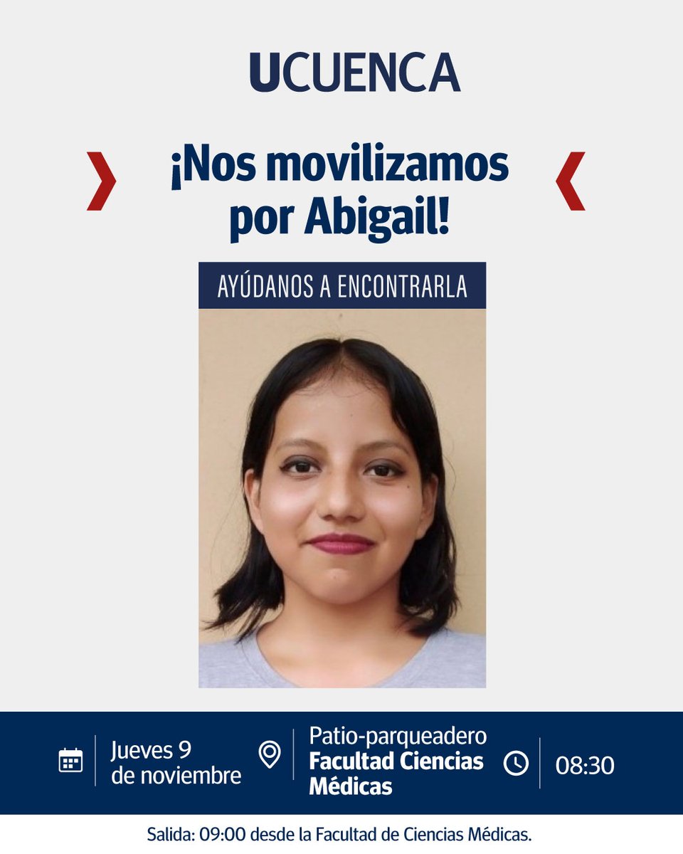 #NosMovilizamos | ¡Ayúdanos a encontrarla! Abigail Supliguicha, estudiante de nuestra @FFilosofiauc.
¡Nos falta Abigail! No descansaremos hasta que esté de regreso en nuestras aulas.
#VivasNosQueremos
 Si tienes información, comunícate al 1800 335 486.