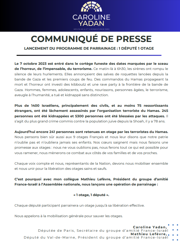 Un mois après les attaques terroristes du 7 octobre dernier, 241 personnes enlevées en Israël sont toujours retenues en otages par le mouvement terroriste du Hamas à Gaza. 

Alors que règne, chez certains, un silence sur le sort de ces enfants, femmes, personnes âgées, hommes