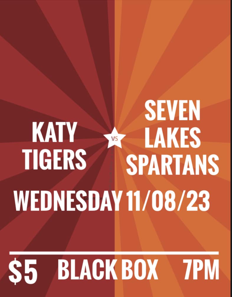 Join us for another hilarious ComedySportz match in our Black Box TONIGHT at 7 pm with Seven Lakes! #katytheatre #katytx #katyhighschool #katyisdfinearts #katyisd