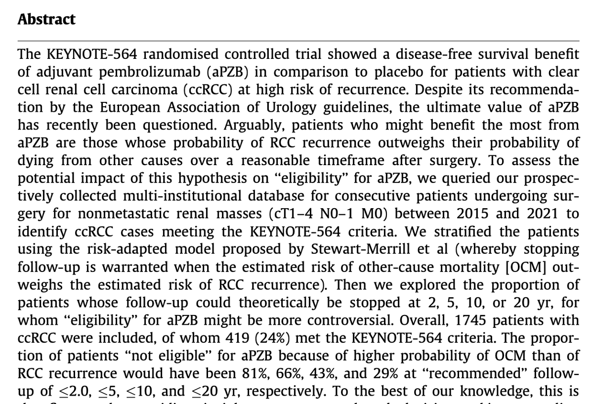 💡Could a #risk-adapted approach support #shared decision-making on eligibility for #adjuvant #Pembrolizumab for pts with #ccRCC at high-risk of recurrence? Our study, inspired by pubmed.ncbi.nlm.nih.gov/26351352/, in @EurUrolOncol! authors.elsevier.com/a/1i34B9Cfv-xp… @RicBertolo @EAUYAU_RenalCa