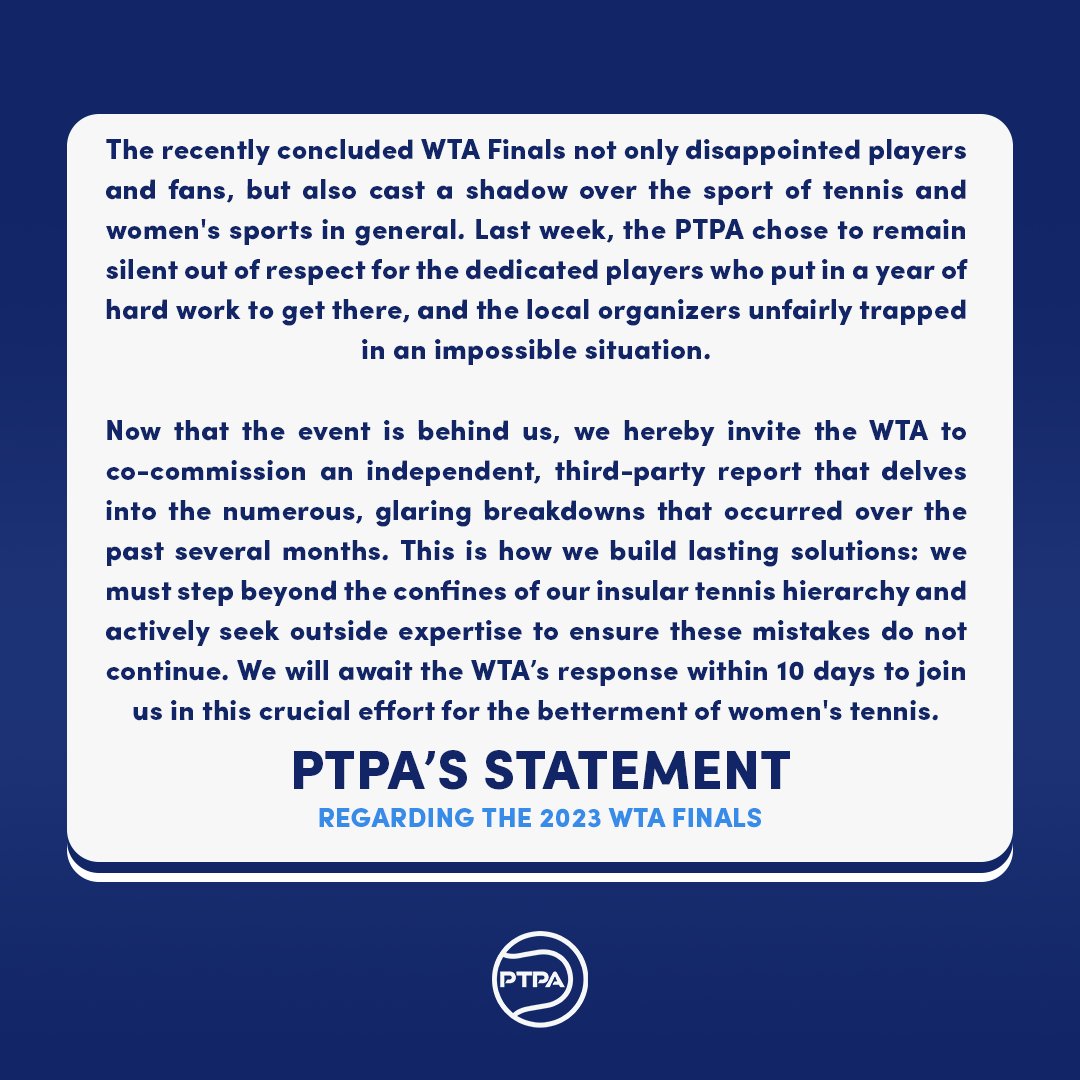 PTPA statement regarding the 2023 WTA Finals.