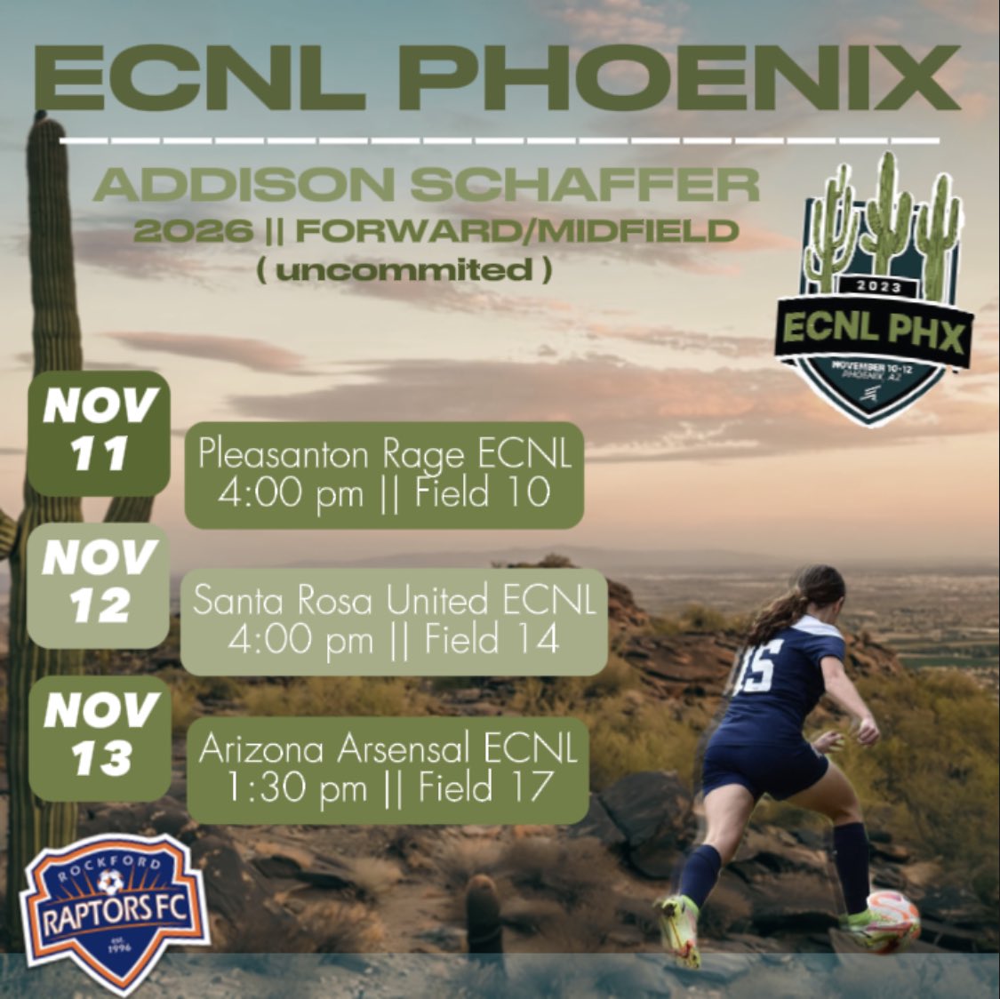 Come check out one of my games in the Phoenix, Arizona ECNL Showcase! Schedule displayed below @ecnlgirls @theecnl @TopDrawerSoccer @imyouthsoccer @RRaptorsfc