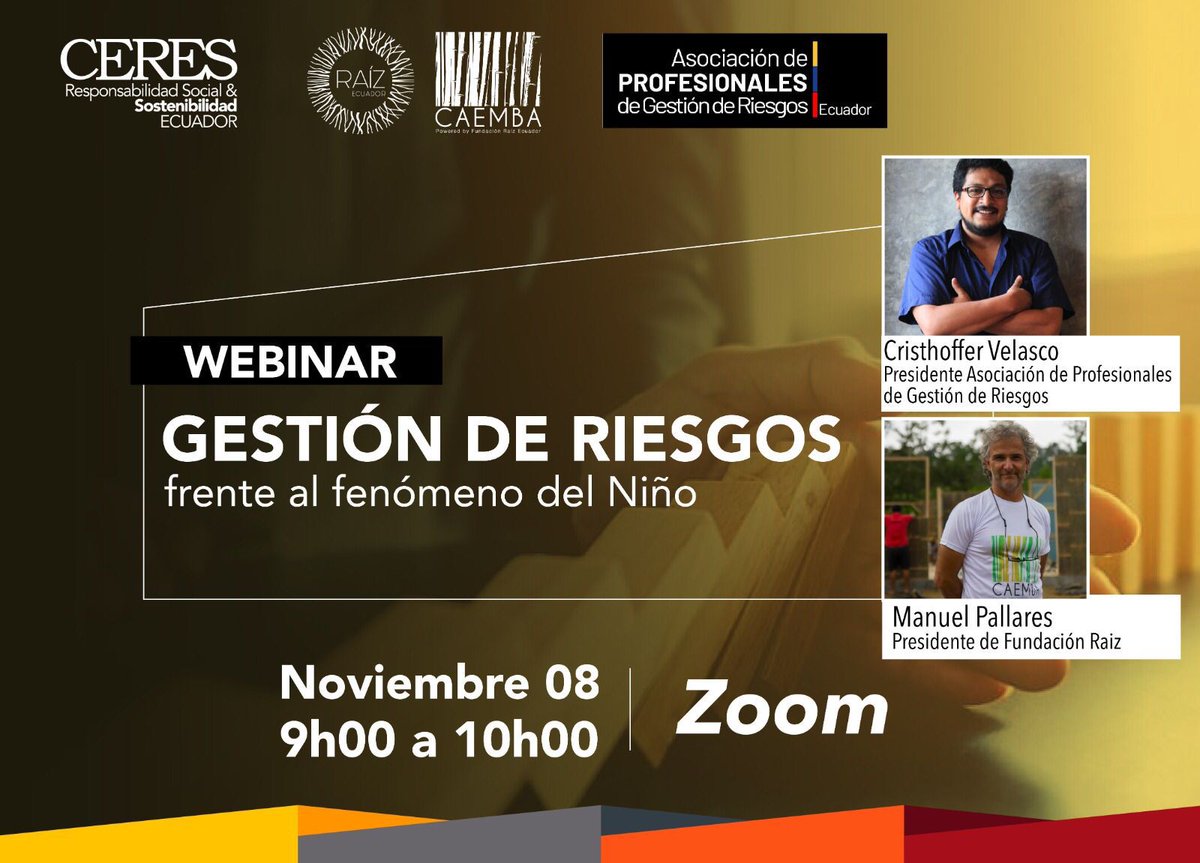 CERES (@ceres_ecuador) on Twitter photo #Comienza el webinar dedicado a la Gestión de Riesgos frente al #FenomenodelNino, organizado por <a href="/ceres_ecuador/">CERES</a> con la participación de la Asociación de Profesionales de <a href="/AsoGdR_Ec/">Asociación Gestión Riesgos 🇪🇨</a> y la <a href="/RaizCaemba/">Fundación Raíz Ecuador - Caemba</a>
#EcuadorSostenible #Comienza el webinar dedicado a la Gestión de Riesgos frente al #FenomenodelNino, organizado por <a href="/ceres_ecuador/">CERES</a> con la participación de la Asociación de Profesionales de <a href="/AsoGdR_Ec/">Asociación Gestión Riesgos 🇪🇨</a> y la <a href="/RaizCaemba/">Fundación Raíz Ecuador - Caemba</a>
#EcuadorSostenible