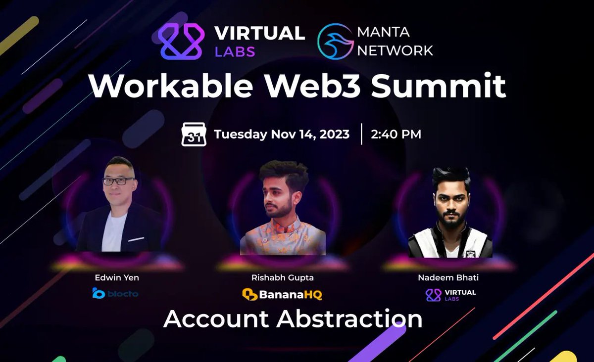 0xVirtualLabs's tweet image. @edwinsmallyen @rishotics @0xnadeem @BloctoApp @BananaHQio will be discussing Account Abstraction and Smart Contract Wallets
