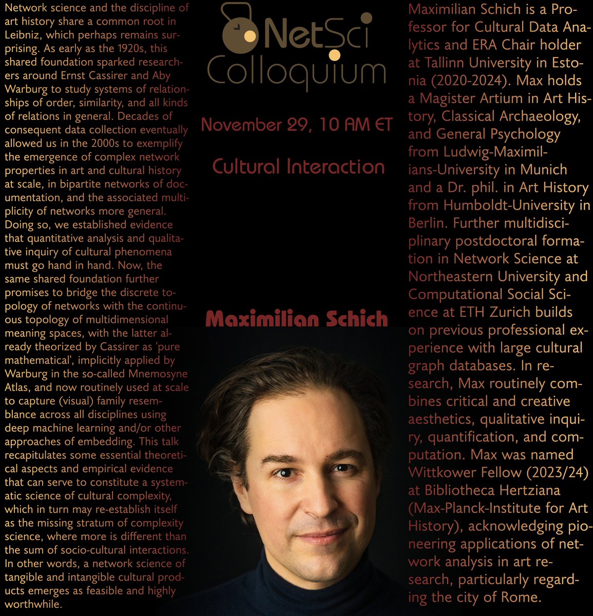 Get ready for Maximilian Schich's NetSci Colloquium about the border zone between art history, cultural analytics, and network science. November 29. Register here: iu.zoom.us/webinar/regist…