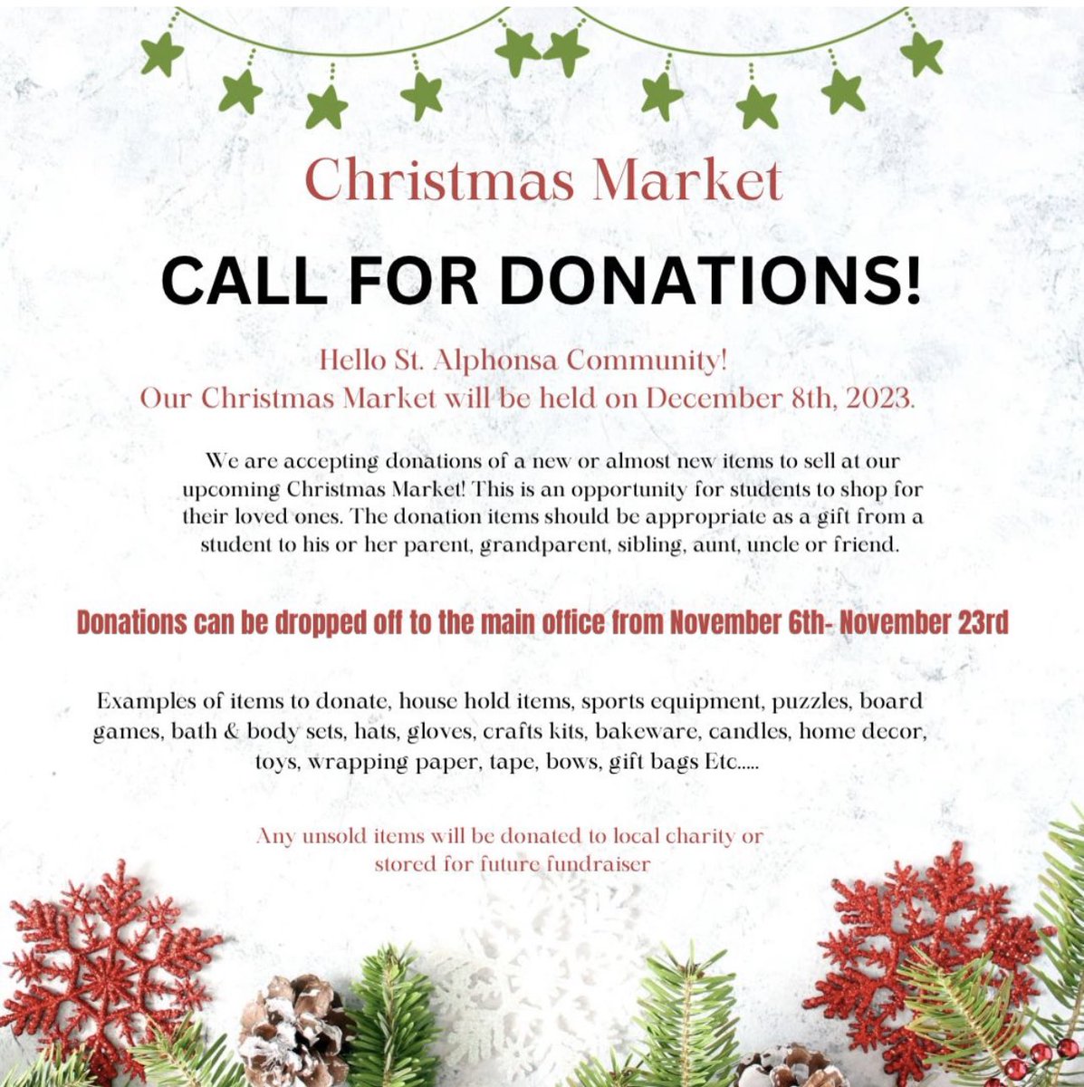 We are now accepting donations for the upcoming Christmas Market. Please drop off your donations at the main office at <a href="/StAlphonsaDP/">St. Alphonsa Catholic Elementary School</a> Thanks in advance for your contribution to this popular event 🙏🏼