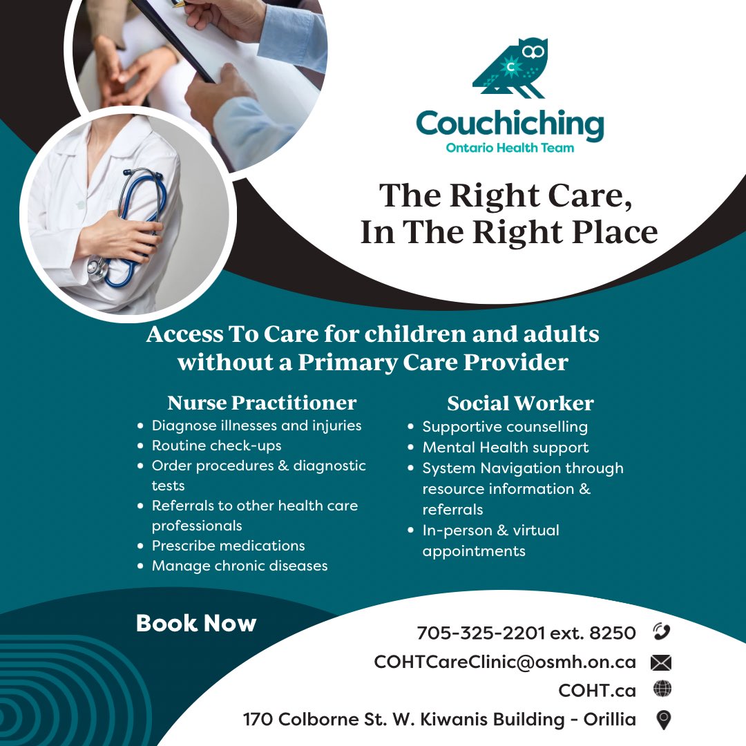 The Couchiching #OHT has a Care Clinic located in Orillia for children & adults who do not already have a Primary Care Provider!

Give us a call or email and we will be happy to help you with #AccessToCare for your health needs! 

#RightCareRightPlace #CommunityHealth