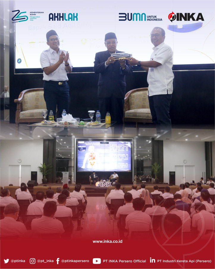 pt_inka's tweet photo. Komut KAI Berikan Motivational Session kepada Insan INKA

Komisaris Utama PT KAI (Persero) Said Aqil Siroj memberikan sesi motivasi atau motivational session bertajuk "Optimalisasi Intuisi dan Memperkuat Kepemimpinan", di depan ratusan Insan INKA, Rabu (8/11). https://t.co/7SGQF7b080