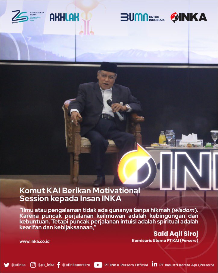 pt_inka's tweet photo. Komut KAI Berikan Motivational Session kepada Insan INKA

Komisaris Utama PT KAI (Persero) Said Aqil Siroj memberikan sesi motivasi atau motivational session bertajuk "Optimalisasi Intuisi dan Memperkuat Kepemimpinan", di depan ratusan Insan INKA, Rabu (8/11). https://t.co/7SGQF7b080
