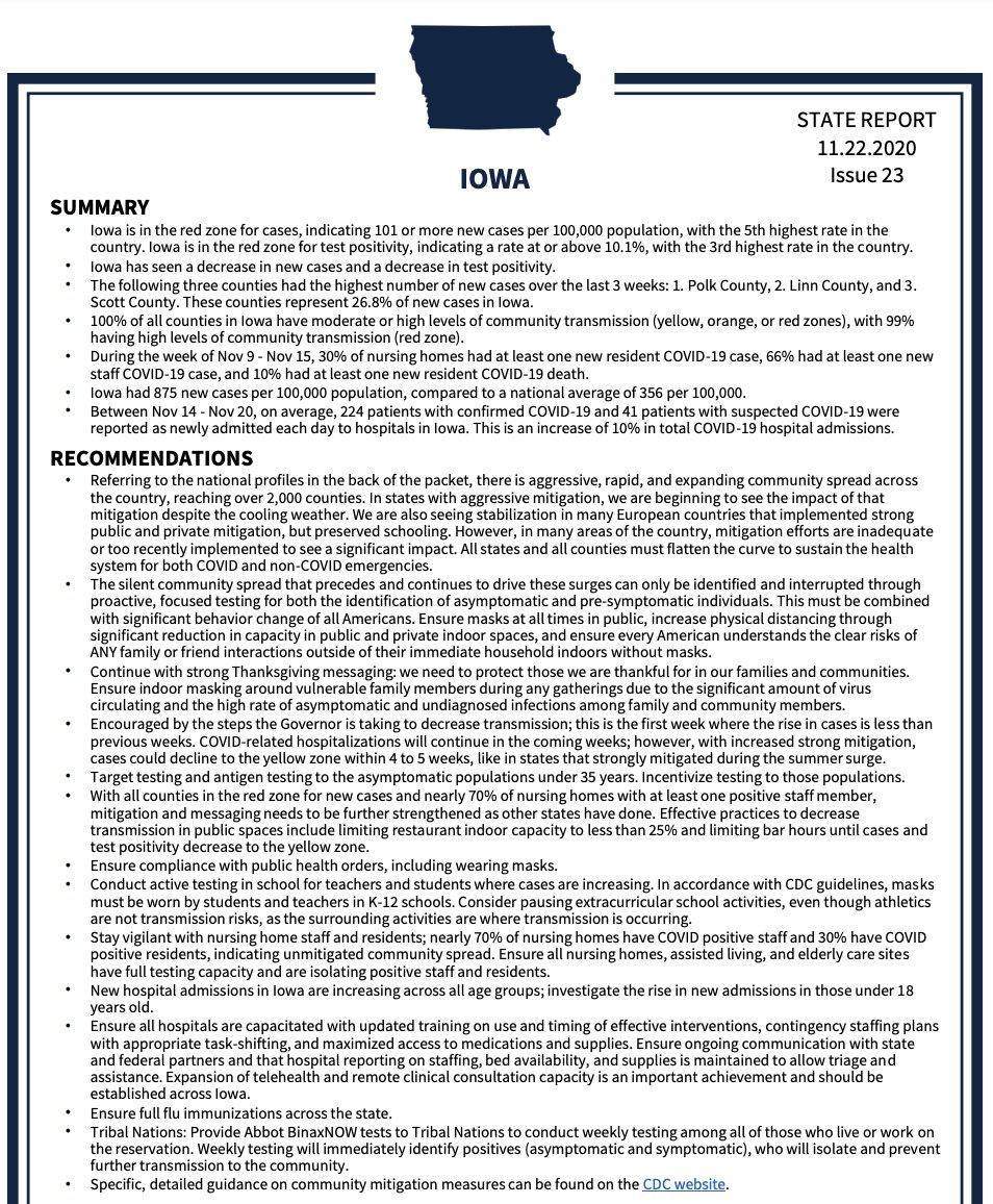 DeSantisWarRoom's tweet photo. Here's a letter Trump's White House Coronavirus Task Force sent Iowa on November 22, 2020 urging @KimReynoldsIA to lockdown the state by shuttering bars and businesses and masking around family during Thanksgiving. https://t.co/F0PZ5gK5nl