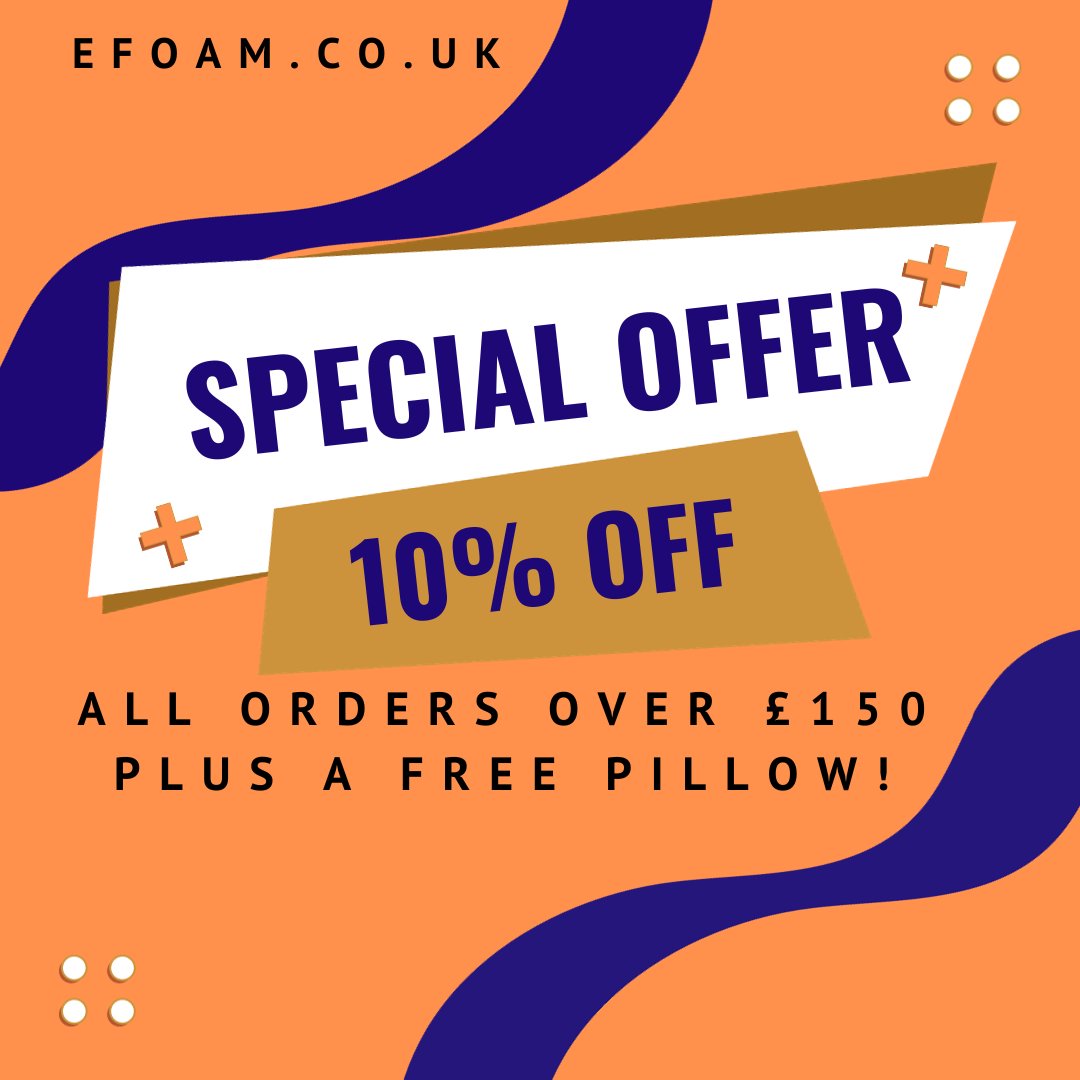 We supply a great variety of foam products online at low prices, with free delivery and we are now offering, for a limited time only, a further 10% discount on all orders over £150 and a free memory foam pillow! Place your order online today at efoam.co.uk…