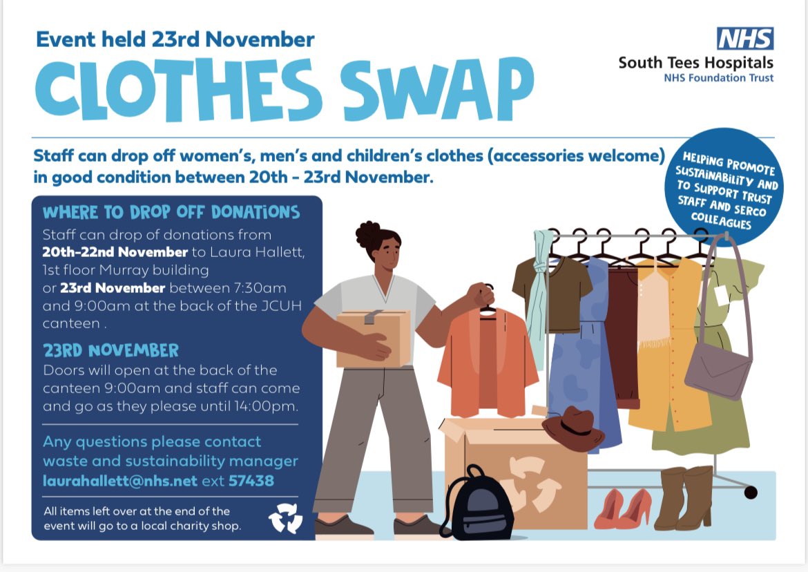 Attention #SouthTeesStaff. A great opportunity to support #Sustainability. Contribute or attend the Clothes Swap. Details below.