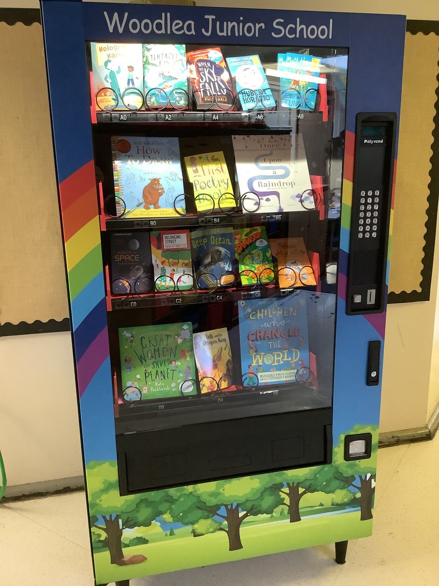 woodleajs's tweet photo. We are so very excited to get our 'Book Vending Machine'. Congratulations to Aurora and edward for being the first children in school to win a book, following on from the 'Reading Plus' raffles.Thanks to the 'Fundraising Team' for funding the machine. #EnglishWJS, #EnrichWJS, https://t.co/2rkQhl2URc