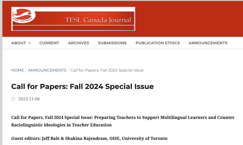 @ShakinaRaj and I are guest-editing this special issue of TESL Canada Journal on 'Preparing Teachers to Support Multilingual Learners and Counter Raciolinguistic Ideologies'. Abstracts are due 1/8/24. teslcanadajournal.ca/ind.../tesl/an… @ACLA_CAAL @AcfeCate