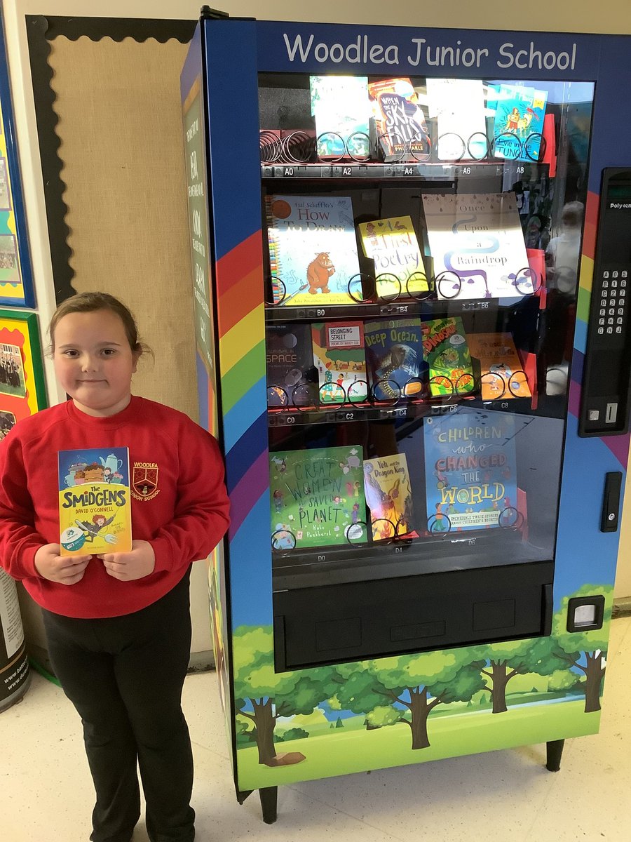 woodleajs's tweet photo. We are so very excited to get our 'Book Vending Machine'. Congratulations to Aurora and edward for being the first children in school to win a book, following on from the 'Reading Plus' raffles.Thanks to the 'Fundraising Team' for funding the machine. #EnglishWJS, #EnrichWJS, https://t.co/2rkQhl2URc