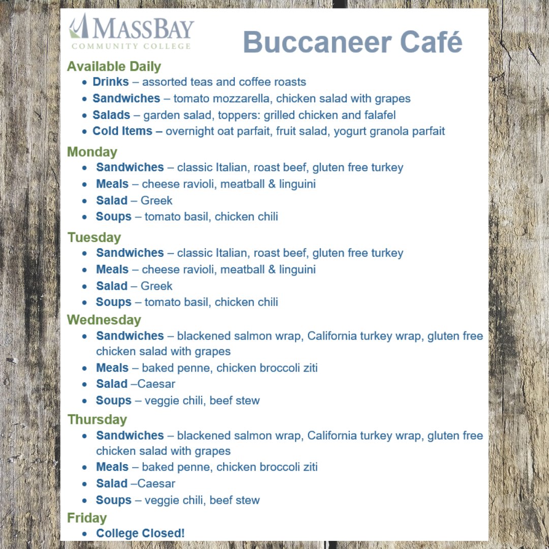 Check out this week's lunch menu in the Buccaneer Cafe!
Stop in daily from 10am - 2pm to grab a sandwich, salad, soup, and/or a drink! While supplies last!