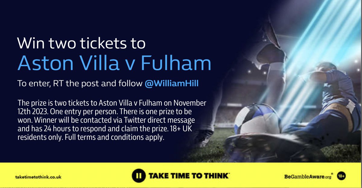 ⚽ Win two tickets to Aston Villa v Fulham this Sunday! To enter: 👍 Follow @WilliamHill 🔁 RT this post The prize draw will run from 3pm on the 8th November until 11:59pm on the 8th November. 18+ | TCs apply 👇 wh.bet/VILFULTCs