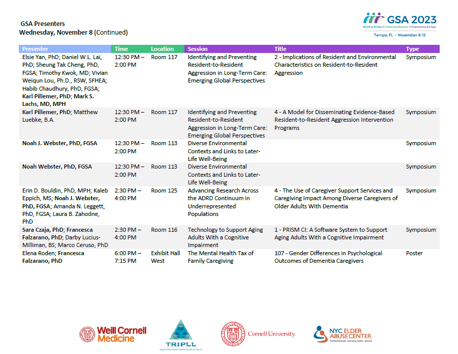 WCM Geriatrics & Palliative Medicine (@wcmgeripal) on Twitter photo Our multi-campus team is excited to be at #GSA2023! We have a full schedule of <a href="/Cornell/">Cornell University</a> & <a href="/WeillCornell/">Weill Cornell Medicine</a> presentations - come say hello! Our multi-campus team is excited to be at #GSA2023! We have a full schedule of <a href="/Cornell/">Cornell University</a> & <a href="/WeillCornell/">Weill Cornell Medicine</a> presentations - come say hello!