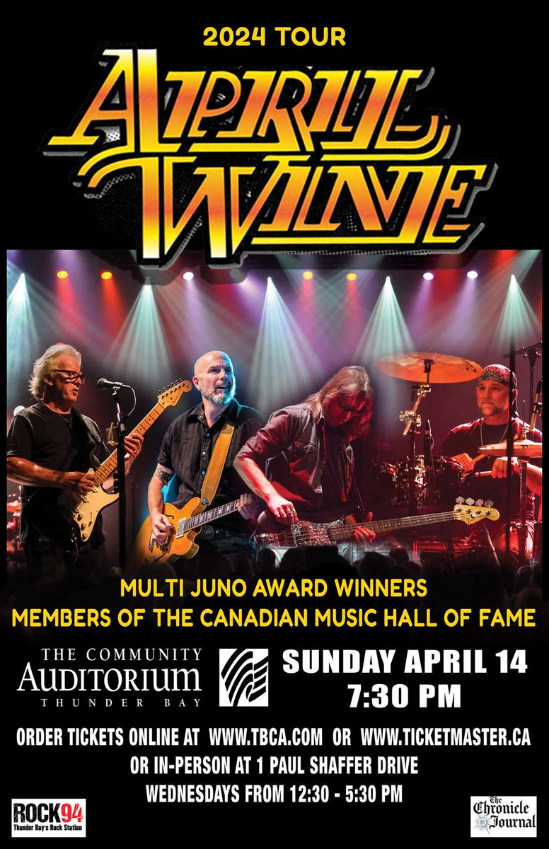 APRIL WINE will rock your TBCA on April 14 at 7:30 pm. Don't miss these multi Juno Award Winners and members of the Canada Music Hall of Fame!  Tickets go on-sale Fri Nov 10 at 10 am. Presale runs on Thurs Nov 9 from 10 am to 10 pm at ticketmaster.ca Presale code: Roller.