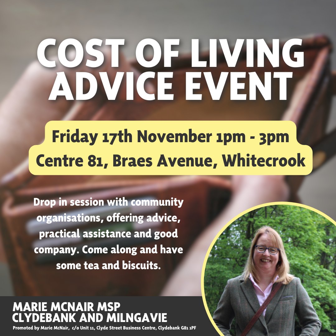 We’re pleased to be attending the Cost-of-Living Event on Friday 17th November, hosted by Marie McNair MSP.

Please do pop along between 1pm-3pm and have a chat with us about what we do. 

#CostOfLiving #WestDunbartonshire