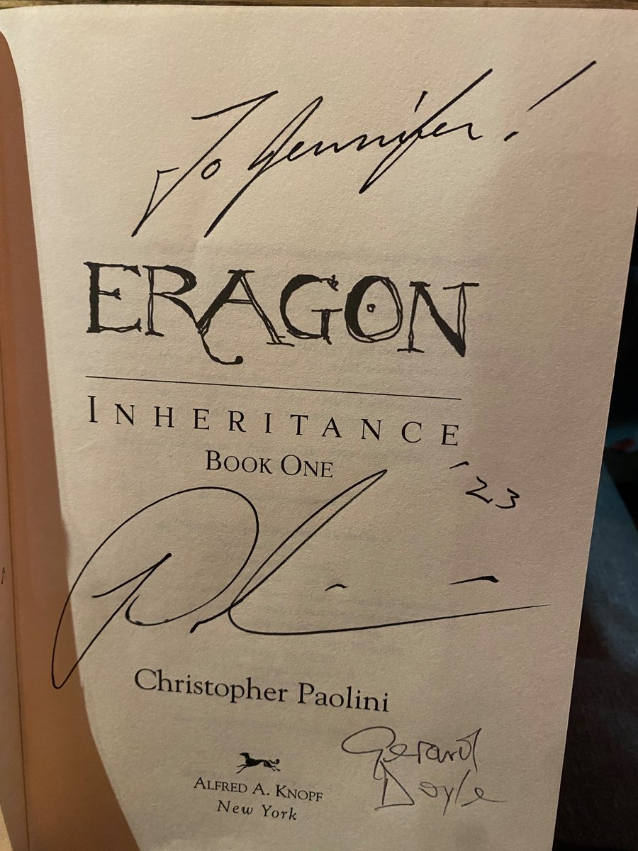 JenAlley1995's tweet photo. Last night was AMAZING 
Mom drove with me for four hours to get to New Jersey, and meet @paolini , as well as Gerard Doyle! 

They signed my much loved, well read, seventeen year old book that I’ve had since I was a little kid. https://t.co/lrYial0ZXq