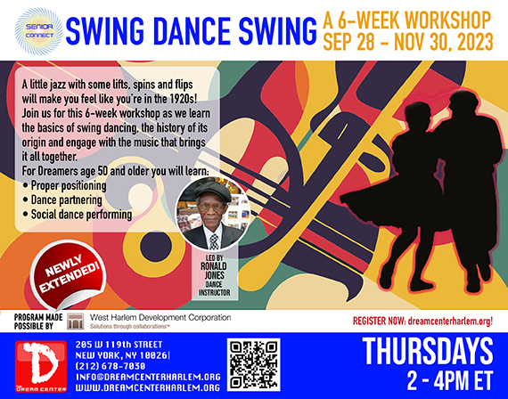 DreamCtrHarlem's tweet photo. NOW EXTENDED THRU NOV, in this #free #dance workshop, participants 50+, will learn the basics of Swing Dance. Learn proper positioning &amp; more. Class meets THUs at 2pm. Get full details &amp; sign up at https://t.co/aTOxOxpImi. #seniorconnect #swingdance #swingdancing #dancing #whdc https://t.co/UEU0cF1RsC