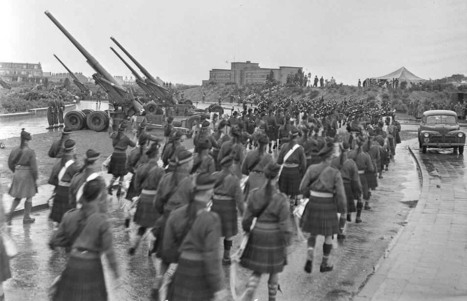 Victory Parade marchpast of massed pipe bands of the First Canadian Army, The Hague, Netherlands, 21 May 1945.