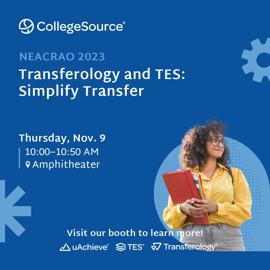 CollegeSource (@collegesource) on Twitter photo Attendees of NEACRAO 2023, stop by our session to see how <a href="/Transferology/">Transferology</a> and TES work together to help streamline the transfer process at your institution. PLUS: Visit the CollegeSource booth for swag and prizes! See you there. #NEACRAO #HigherEd #StudentTransfer Attendees of NEACRAO 2023, stop by our session to see how <a href="/Transferology/">Transferology</a> and TES work together to help streamline the transfer process at your institution. PLUS: Visit the CollegeSource booth for swag and prizes! See you there. #NEACRAO #HigherEd #StudentTransfer