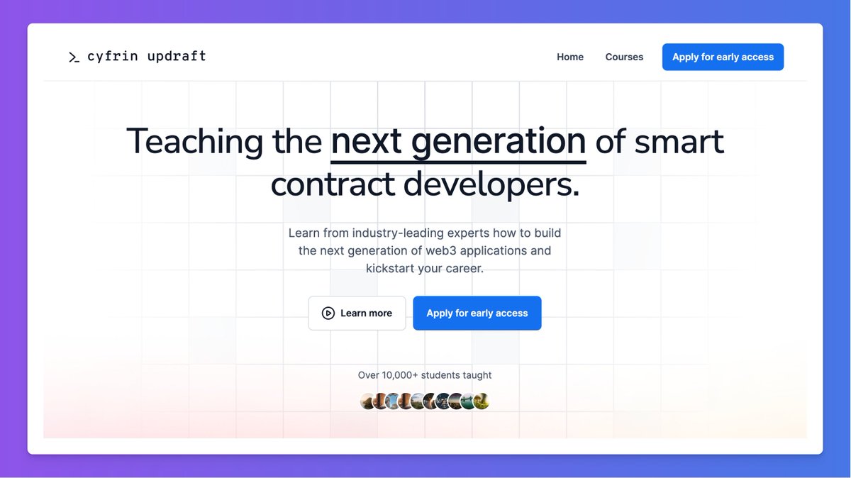 CyfrinUpdraft's tweet image. The Cyfrin Updraft early access applications are now open!
Apply now and get early access to:
- 50+ hrs of web3 development tutorials
- The ultimate smart contract security course
- A community of 1000s web3 devs and auditors
Completely for free.
Here’s what to expect 👇
