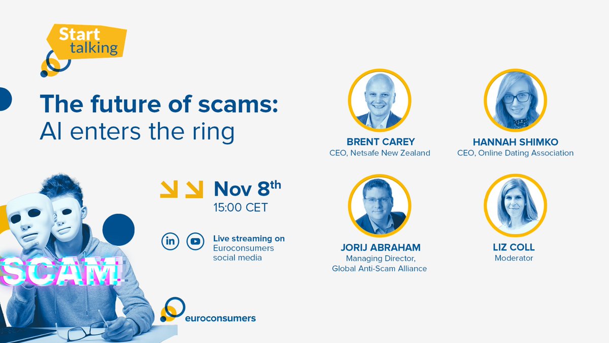 euroconsumers's tweet image. The discussion begins! 🥊Who will win in the fight between those using #AI for good and those exploiting it for #scams? Tune in to this month's edition of #StartTalking 👉 rb.gy/tvforp and follow the discussion👇🧵