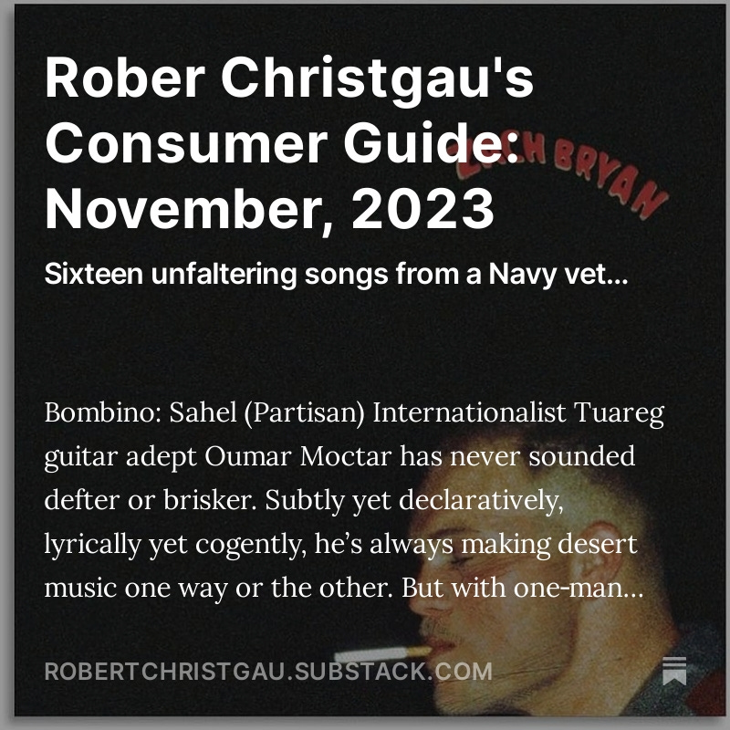 rxgau's tweet image. A Navy veteran dominates the November Consumer Guide as DJ Shadow sounds good, Lil Wayne gives some away, a Dartmouth medical student goes indie, riot grrrl types from Australia and Indonesia make some noise, and that ain't all.
robertchristgau.substack.com/p/consumer-gui…