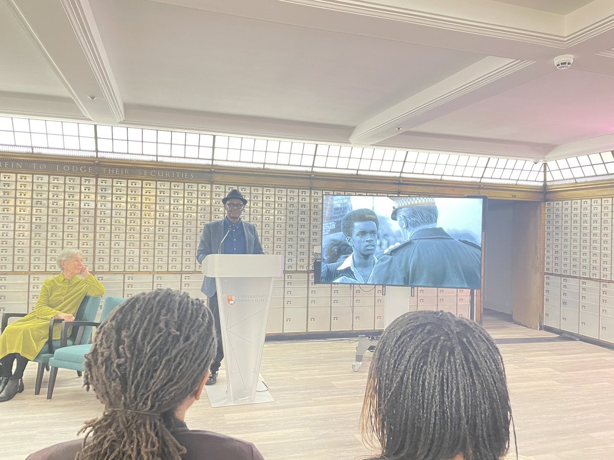 profnicolagale's tweet photo. Fantastic event for the launch of the Stuart Hall Archive Project @UoBSocialPolicy including a portrait of Prof Hall by Vanley Burke for the @unibirmingham cultural collection https://t.co/2rfNYV76lE
