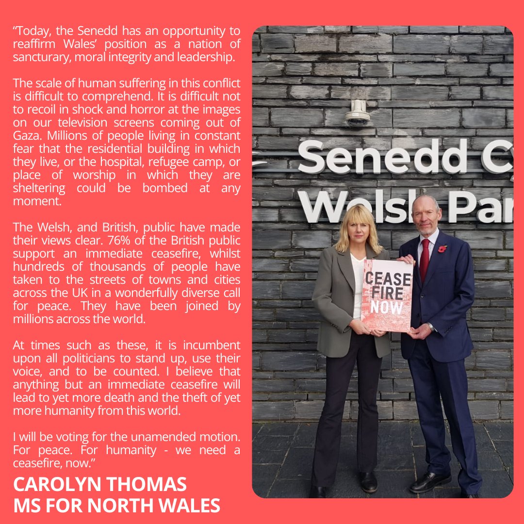 Today, the Senedd has an opportunity to reaffirm Wales' position as a nation of sanctuary, moral integrity and leadership. Anything but an immediate ceasefire will lead to the theft of yet more humanity from our world. I will be voting for @RhunapIorwerth's motion #CeasefireNOW