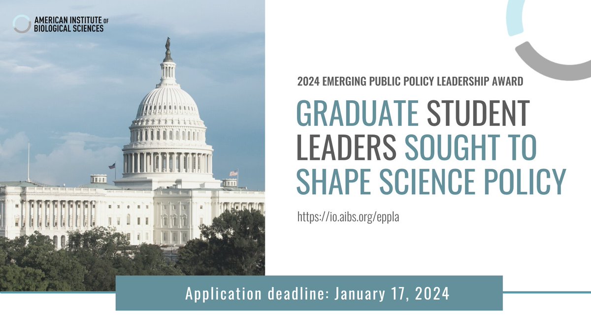 Are you a science graduate student looking to make a difference in  science policy and funding? AIBS is now accepting applications for the 2024 Emerging  Public Policy Leadership Award.  #aibseppla #award #aibs #2023eppla #eppla io.aibs.org/eppla