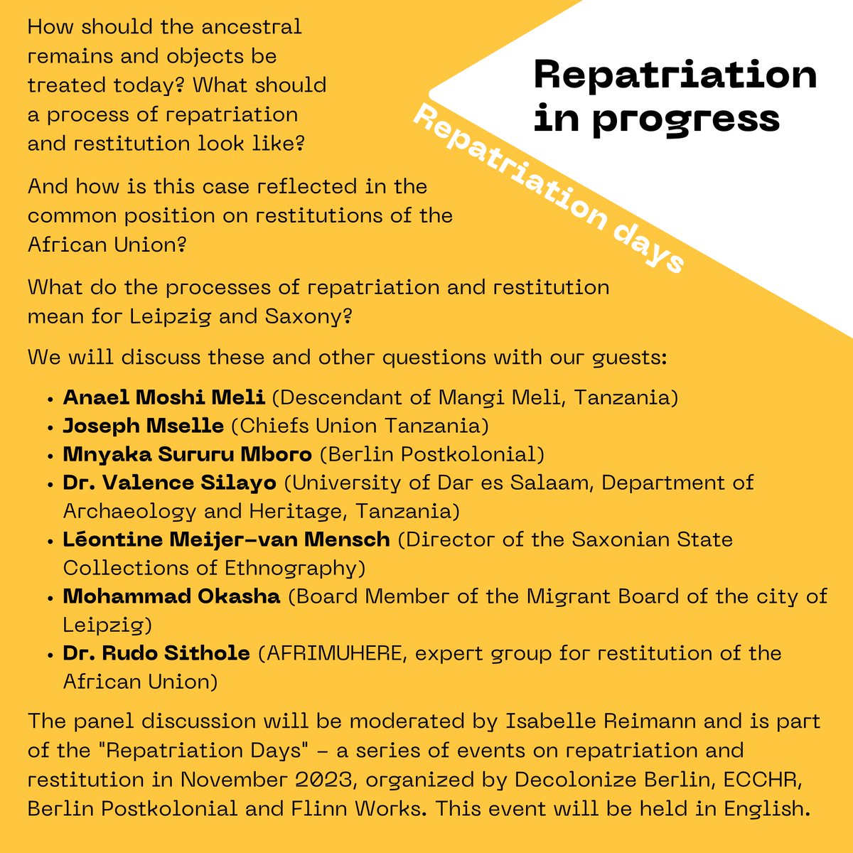 Panel discussion with descendants and experts from Tanzania on the 21st Nov @GfxZK in Leipzig about repatriation in progress. @retelling_doaa @LPostkolonial #ISDLeipzig