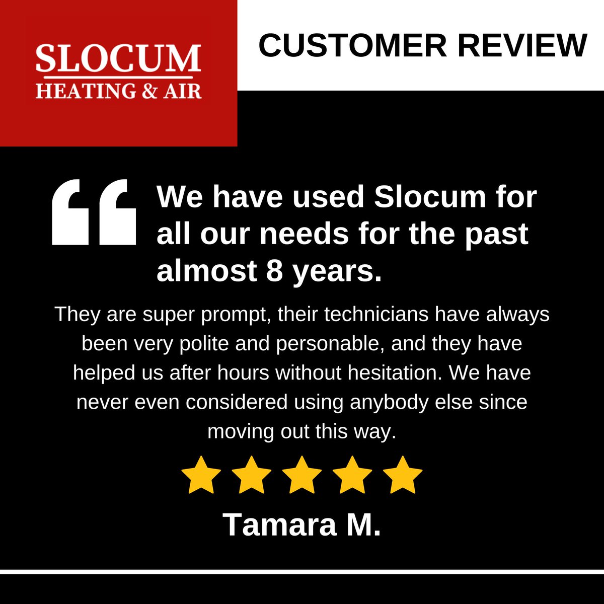 AirSlocum's tweet photo. "We have used Slocum for all our needs for the past almost 8 years. They are super prompt, their technicians have always been very polite and personable, and they have helped us after hours without hesitation. We have never even considered using anybody else s... https://t.co/3ZHc207F99
