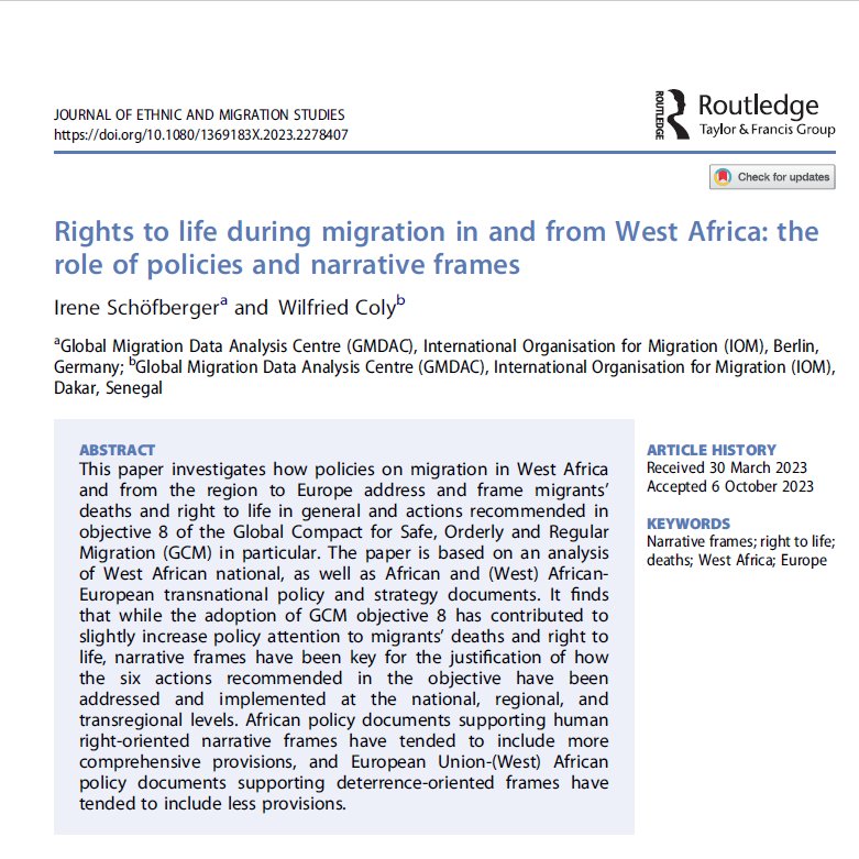 Irene Schöfberger (@ischoefberger) on Twitter photo 📌New publication! @WilfriedColy and I write about rights to life during #Migration in and from #WestAfrica in a paper just published in the Journal of Ethnic and Migration Studies.
@IOM_GMDAC <a href="/MissingMigrants/">Missing Migrants Project</a> <a href="/IOMROWCA/">IOM West and Central Africa 🇺🇳</a> <a href="/scmrjems/">SCMR</a> <a href="/_Julia_Black/">Julia Black</a> <a href="/agarciaborja/">Andrea Garcia Borja</a> <a href="/MernaAbdelazim/">Merna Abdelazim</a> 📌New publication! @WilfriedColy and I write about rights to life during #Migration in and from #WestAfrica in a paper just published in the Journal of Ethnic and Migration Studies.
@IOM_GMDAC <a href="/MissingMigrants/">Missing Migrants Project</a> <a href="/IOMROWCA/">IOM West and Central Africa 🇺🇳</a> <a href="/scmrjems/">SCMR</a> <a href="/_Julia_Black/">Julia Black</a> <a href="/agarciaborja/">Andrea Garcia Borja</a> <a href="/MernaAbdelazim/">Merna Abdelazim</a>