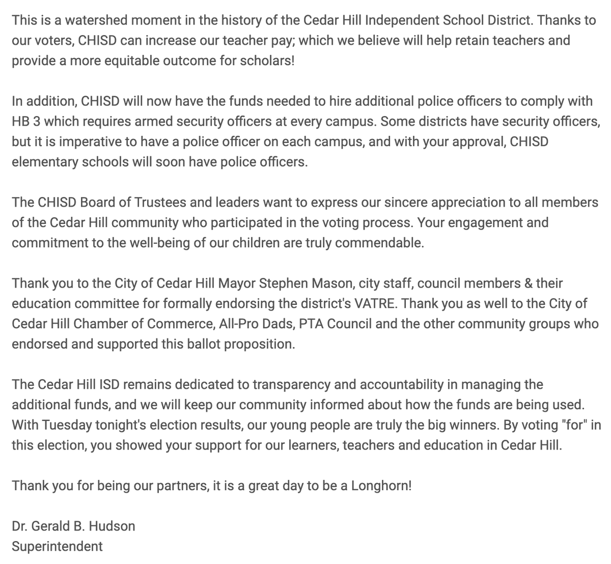 cedarhillisd's tweet photo. Thank you, Voters!!!

We are so grateful that you took the opportunity to support teachers, scholars and campus security with your vote during the November 7th election.

View full message here: https://t.co/QVfRCjolQt https://t.co/MeoLUwjwyB