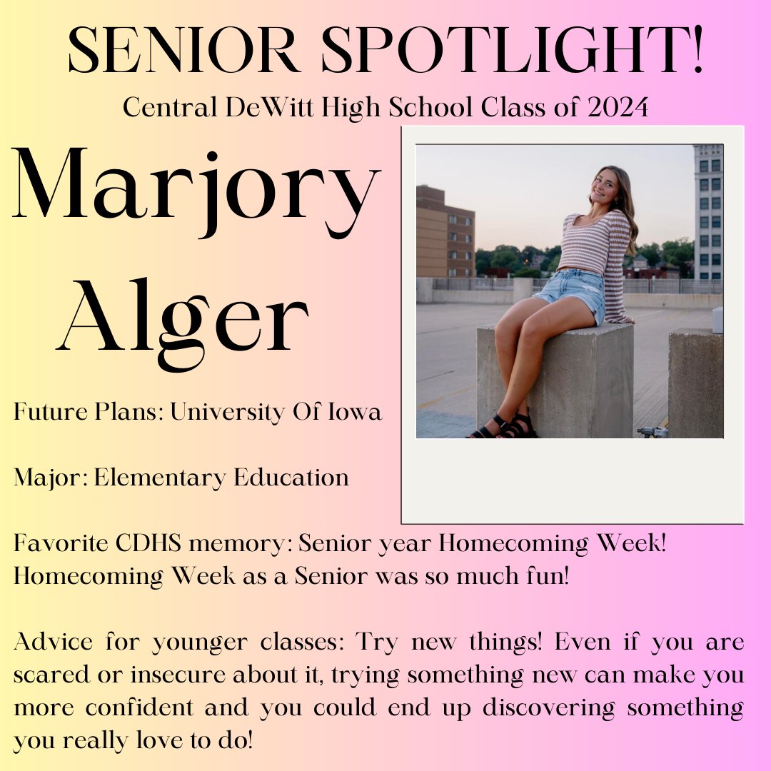 CentralDeWitt's tweet photo. Meet Marjory Alger, one of our seniors who is making big plans for her future! Way to go, Marjory! The Senior Spotlight is created by CDHS AmeriCorps Student Leaders Aubrey Vance and Tori Rheingans. In this role, they serve as a resource for peers in post-secondary planning. https://t.co/twu9YIQP08