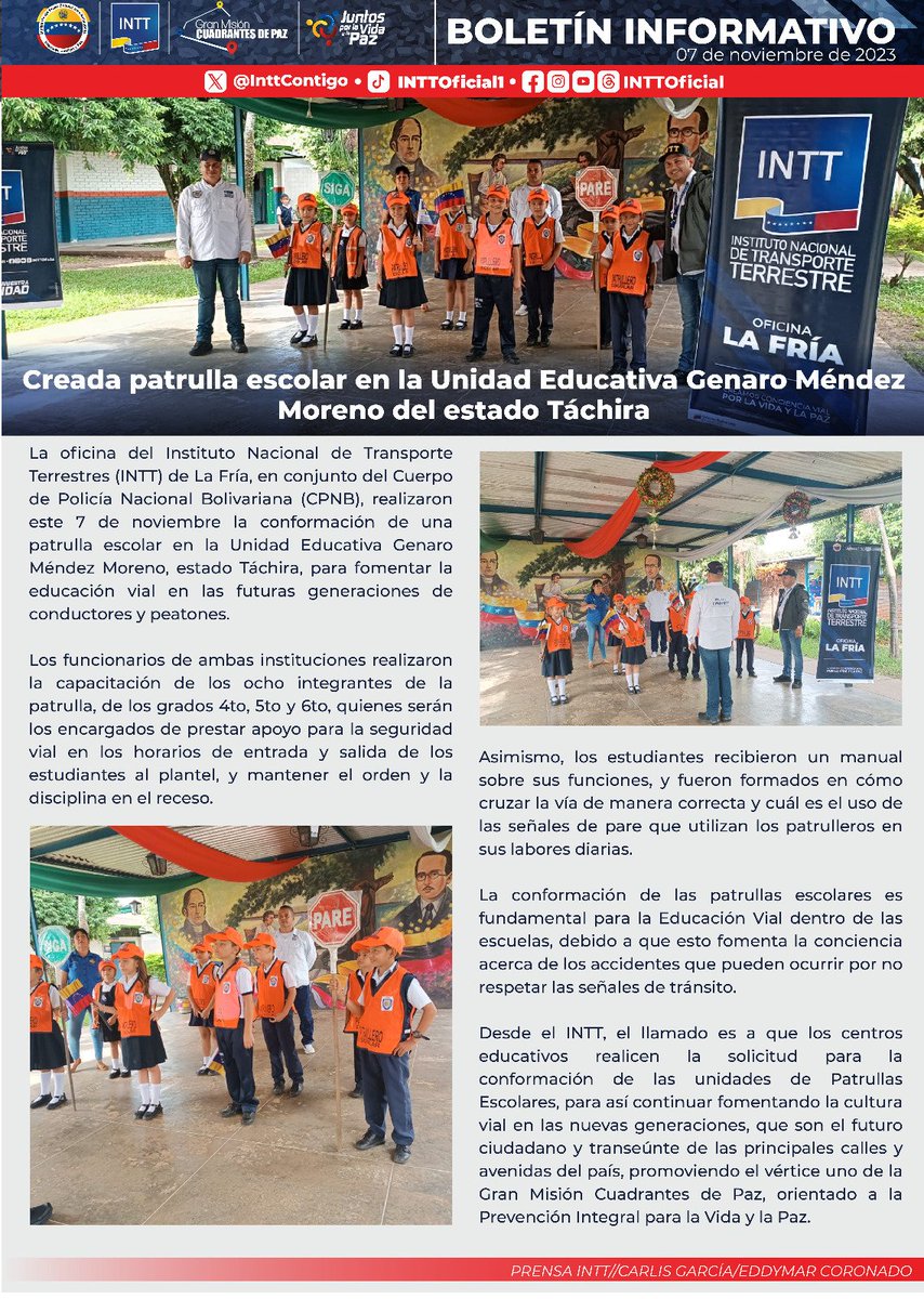 08Nov|Boletín Informativo Creación de patrulla escolar en el estado Táchira. #UnidadNacionalPorElEsequibo