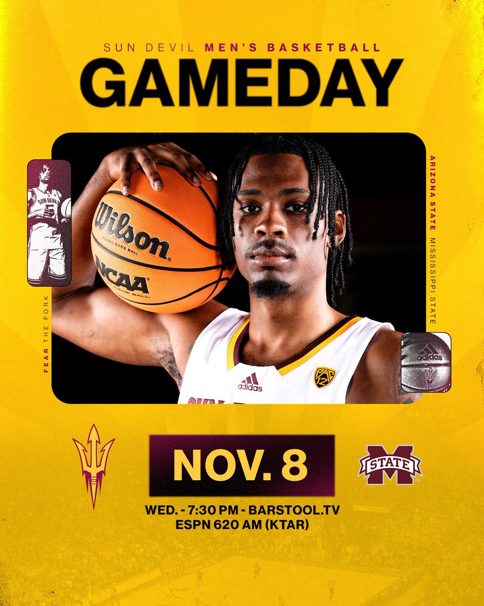 Basketball is BACK 🙌 @SunDevilHoops opens their season with a highly-anticipated matchup 🔱 🆚 Mississippi State ⏰ 7:30 PM MST 📍 Chicago, IL 📺 Barstool.TV 🔗 linktr.ee/sundevilmbb #ForksUp /// @TheSunDevils