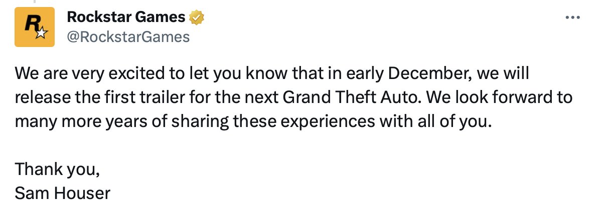 The first GTA 6 trailer will launch in early December 2023