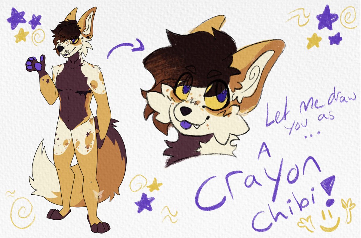 Let me make your goober into a crayon chibi!!!

SFW refs ONLY! Any species, gimme your goobs! 
Like/Rts/Follows not needed but appreciated!