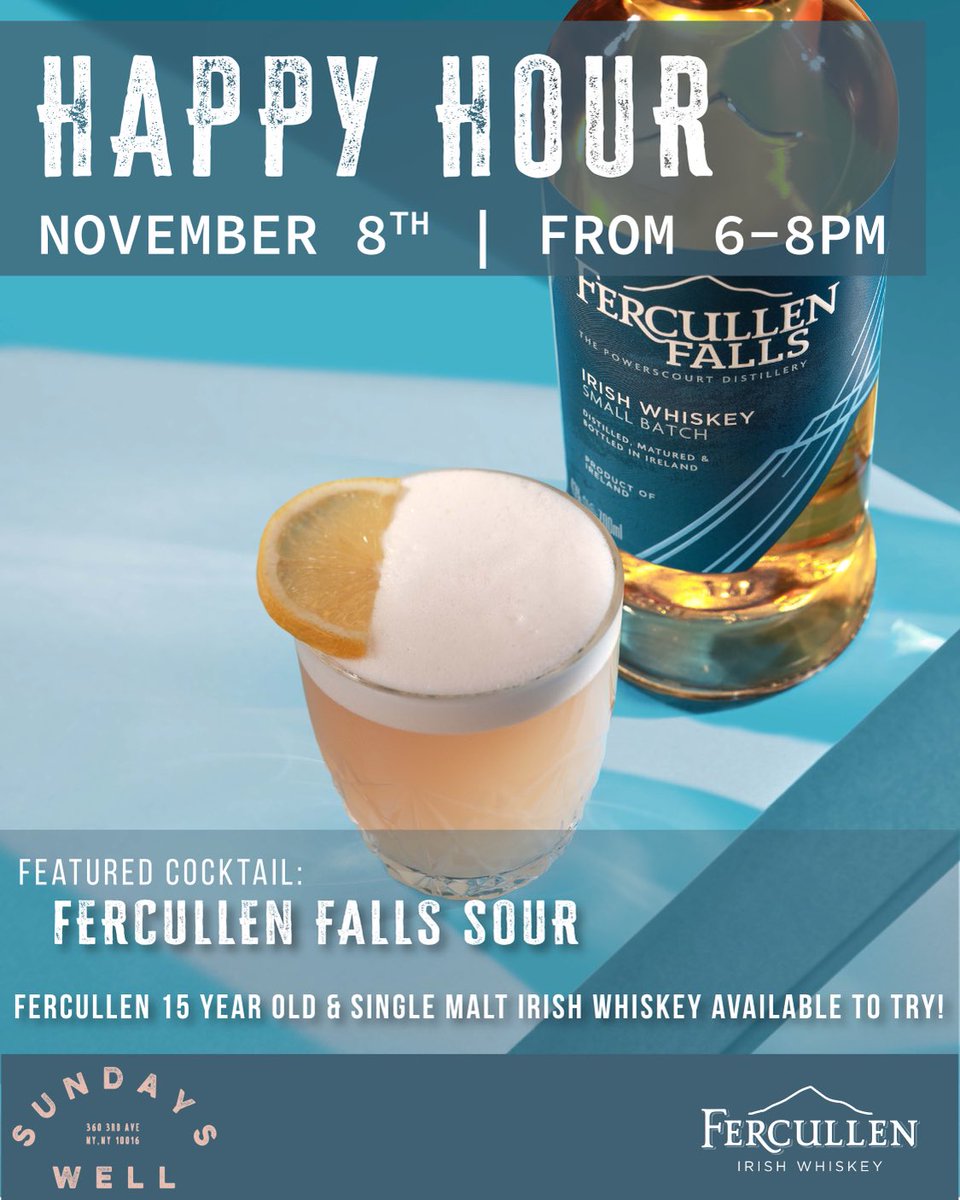 In NY and fancy a sample of our new ⁦@FercullenWhisky⁩ 15 and Single Malt?? Join us at Sundays Well this evening.