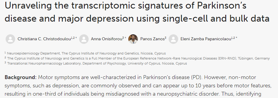 Curious to know what #Parkinsonsdisease  and #Majordepression have in common? So are we! Explore our latest publication, where we analyze #singlecell and bulk data to unravel their #transcriptomic signatures.

Full manuscript now available: frontiersin.org/articles/10.33…