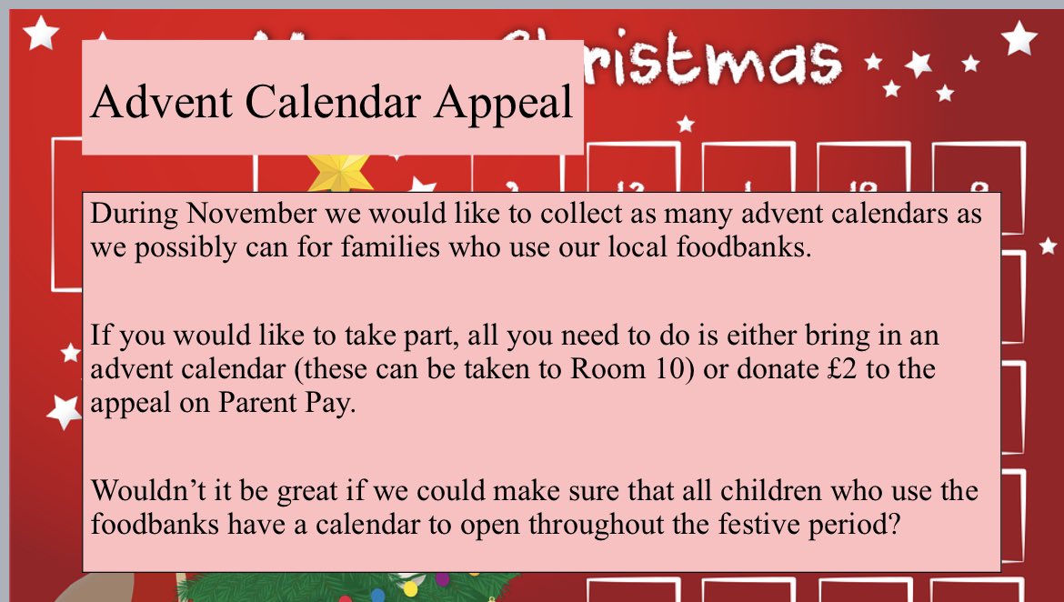 Can you help us start to spread the Christmas joy? @allsaintsccduk has launched its advent calendar appeal to support our local food banks and ensure children in our local community has a little treat each day in December. #Christmas #Advent #Community